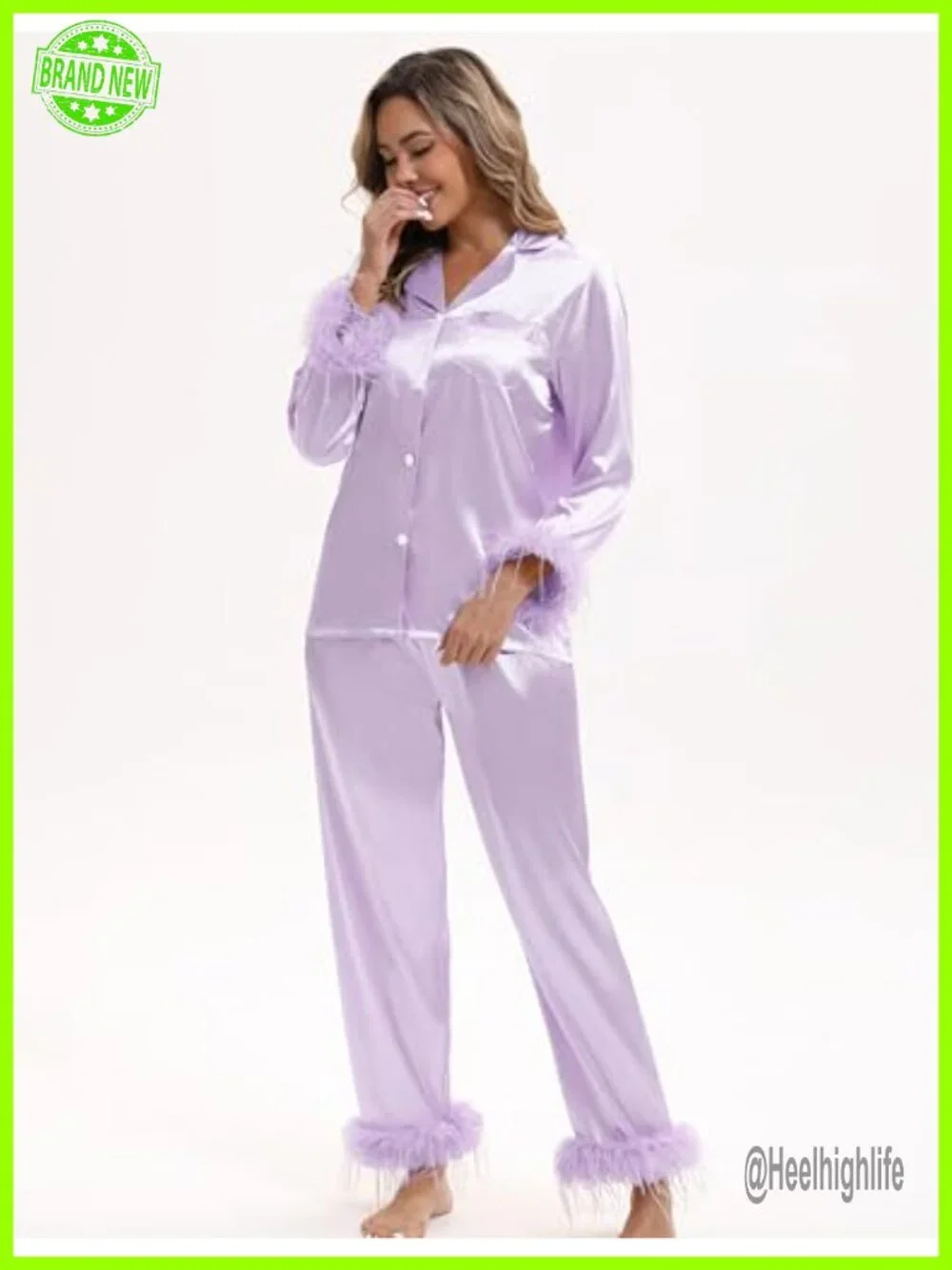 Satin Pajama Set with Feather Trim, Long Sleeve, Sleep Mask & Scrunchies